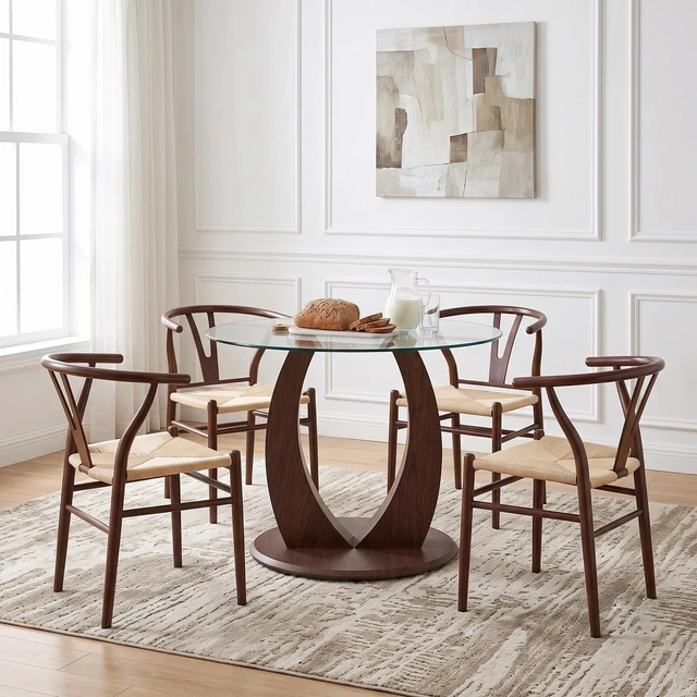 Alt view image 2 of 7 - Table and Chair Set 38.6 Inch Glass Round Table, Paired with Four Uniquely Designed Dining Chairs with Coloer Metal