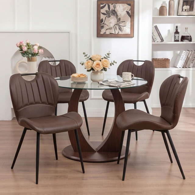 Main image of Table and Chair Set 38.6 Inch Glass Round Table, Paired with Four Uniquely Designed Dining Chairs with Coloer Metal