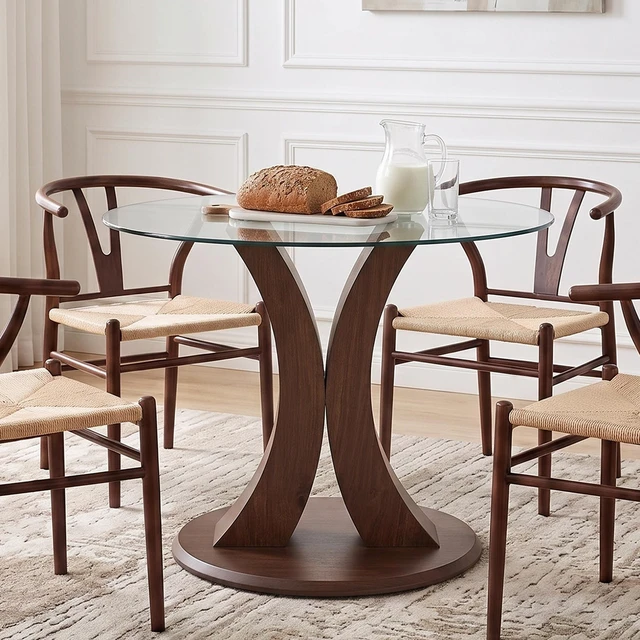 Alt view image 5 of 7 - Table and Chair Set 38.6 Inch Glass Round Table, Paired with Four Uniquely Designed Dining Chairs with Coloer Metal
