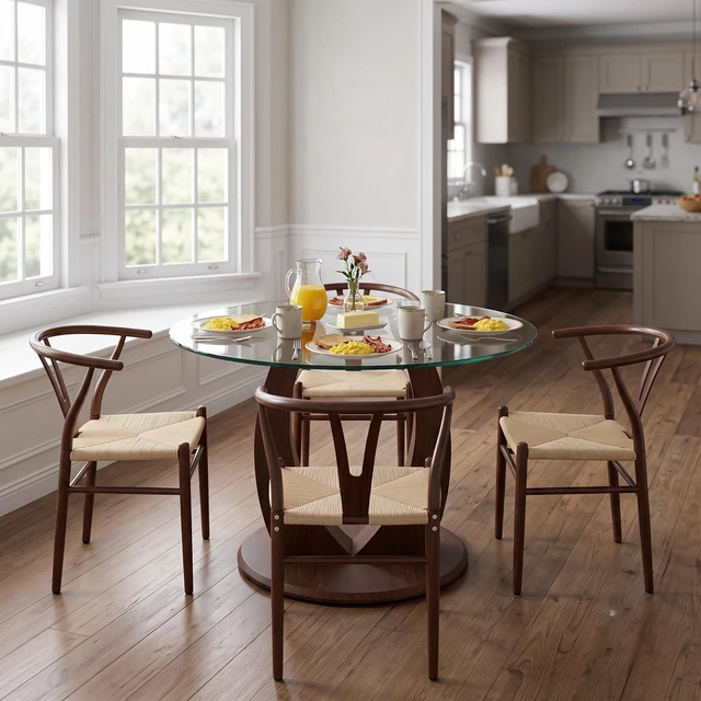 Alt view image 6 of 7 - Table and Chair Set 38.6 Inch Glass Round Table, Paired with Four Uniquely Designed Dining Chairs with Coloer Metal