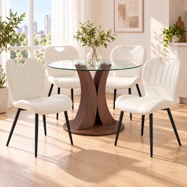 Main image of Table and Chair Set 38.6 Inch Glass Round Table, Paired with Four Uniquely Designed Dining Chairs with Black Metal Legs