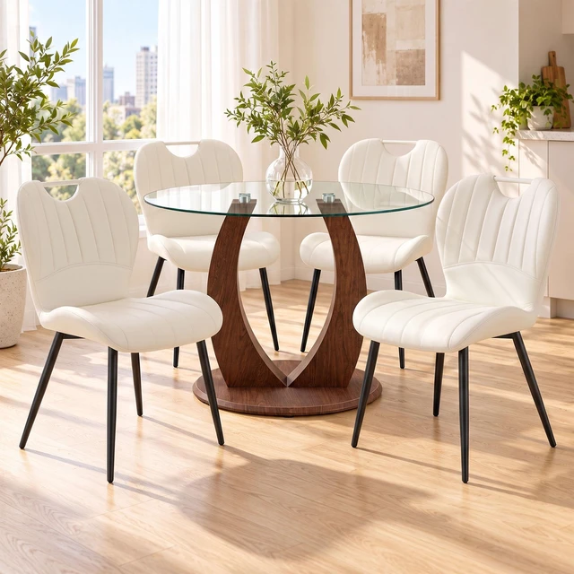 Alt view image 2 of 7 - Table and Chair Set 38.6 Inch Glass Round Table, Paired with Four Uniquely Designed Dining Chairs with Black Metal Legs