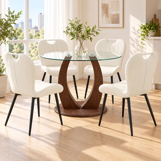 Alt view image 3 of 7 - Table and Chair Set 38.6 Inch Glass Round Table, Paired with Four Uniquely Designed Dining Chairs with Black Metal Legs