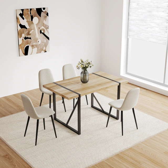 Main image of 55 Inch MDF Color Dining Table and Dining Chair Set, Mid Century Wooden Kitchen Table Set Metal Base and Legs and Linen
