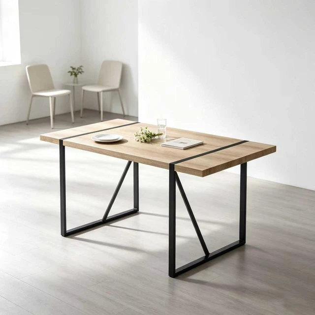 Alt view image 2 of 3 - 55 Inch Dining Table Set, Wood Grain Tabletop with Black Metal Frame and Upholstered Dining Chairs Kitchen Furniture