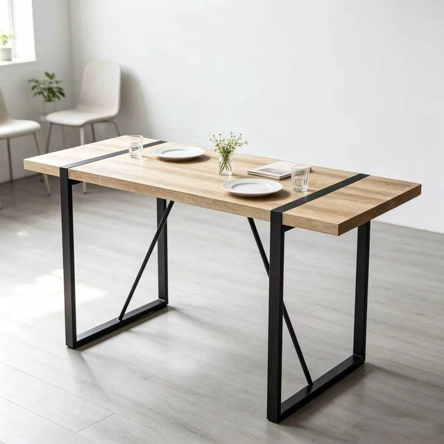 Alt view image 3 of 3 - 55 Inch Dining Table Set, Wood Grain Tabletop with Black Metal Frame and Upholstered Dining Chairs Kitchen Furniture