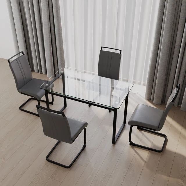 Alt view image 2 of 7 - 51 Inch Glass Dining Table Set, Dining Table and Chair Sets with Black Metal Legs for Kitchen Rectangle Tempered Glass