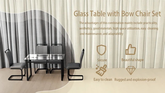 Alt view image 5 of 7 - 51 Inch Glass Dining Table Set, Dining Table and Chair Sets with Black Metal Legs for Kitchen Rectangle Tempered Glass