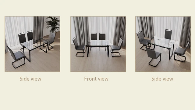 Alt view image 6 of 7 - 51 Inch Glass Dining Table Set, Dining Table and Chair Sets with Black Metal Legs for Kitchen Rectangle Tempered Glass