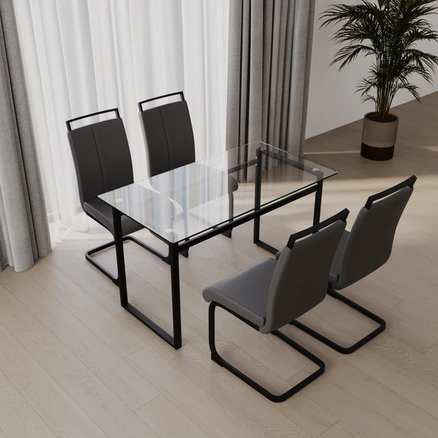 Alt view image 3 of 7 - 51 Inch Glass Dining Table Set, Dining Table and Chair Sets with Black Metal Legs for Kitchen Rectangle Tempered Glass