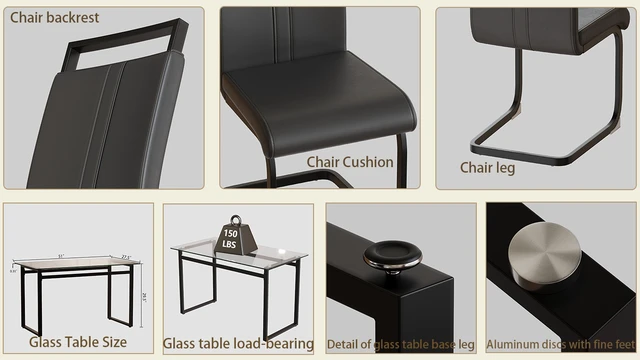 Alt view image 7 of 7 - 51 Inch Glass Dining Table Set, Dining Table and Chair Sets with Black Metal Legs for Kitchen Rectangle Tempered Glass