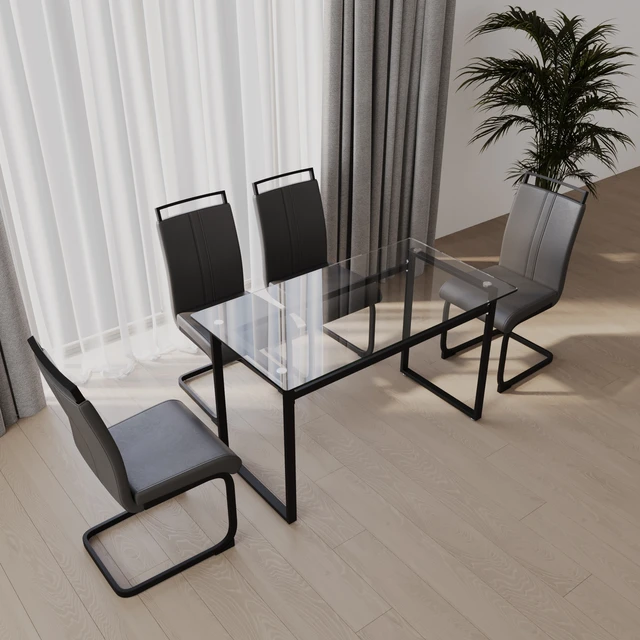 Alt view image 4 of 7 - 51 Inch Glass Dining Table Set, Dining Table and Chair Sets with Black Metal Legs for Kitchen Rectangle Tempered Glass