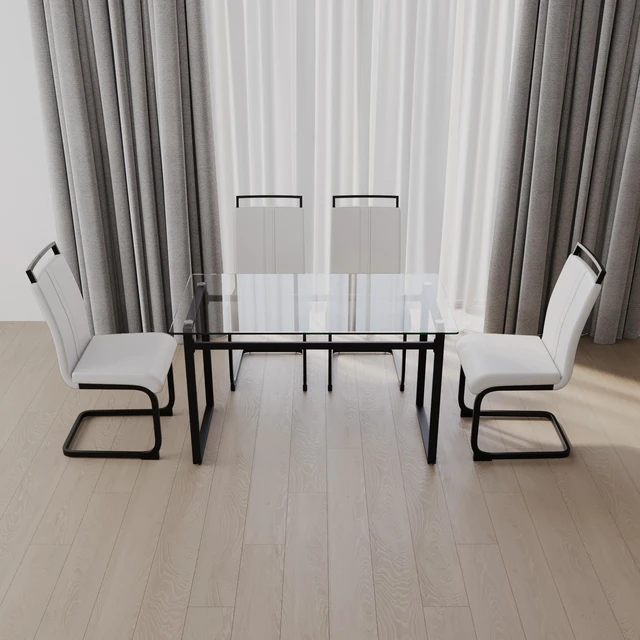 Main image of 51 Inch Glass Dining Table Set, Dining Table and Chair Sets with Black Metal Legs for Kitchen Rectangle Tempered Glass