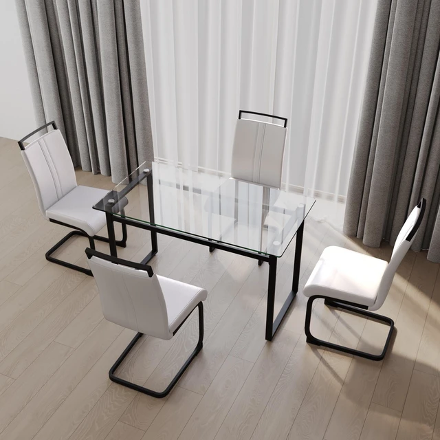 Alt view image 2 of 7 - 51 Inch Glass Dining Table Set, Dining Table and Chair Sets with Black Metal Legs for Kitchen Rectangle Tempered Glass