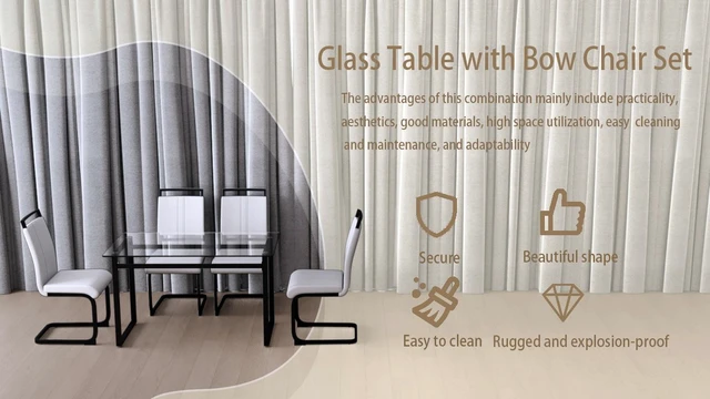 Alt view image 5 of 7 - 51 Inch Glass Dining Table Set, Dining Table and Chair Sets with Black Metal Legs for Kitchen Rectangle Tempered Glass