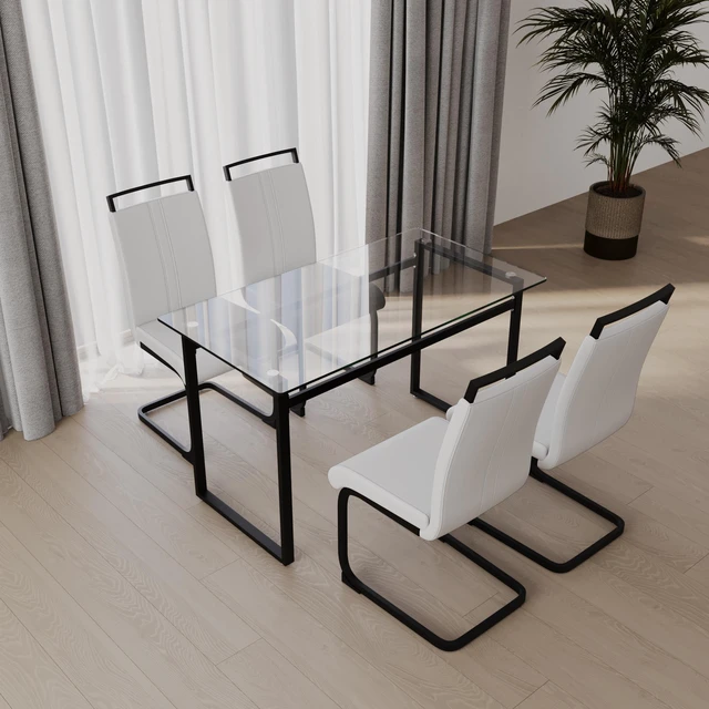 Alt view image 3 of 7 - 51 Inch Glass Dining Table Set, Dining Table and Chair Sets with Black Metal Legs for Kitchen Rectangle Tempered Glass