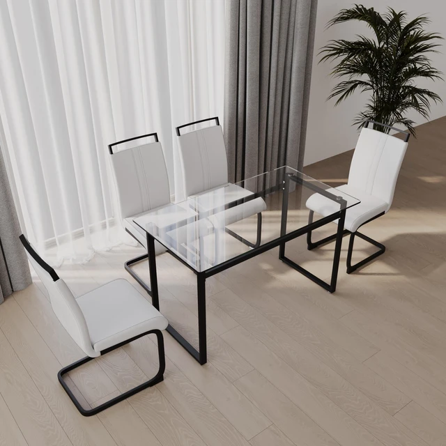 Alt view image 4 of 7 - 51 Inch Glass Dining Table Set, Dining Table and Chair Sets with Black Metal Legs for Kitchen Rectangle Tempered Glass