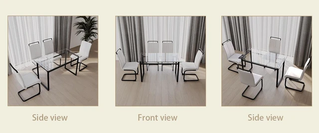 Alt view image 6 of 7 - 51 Inch Glass Dining Table Set, Dining Table and Chair Sets with Black Metal Legs for Kitchen Rectangle Tempered Glass