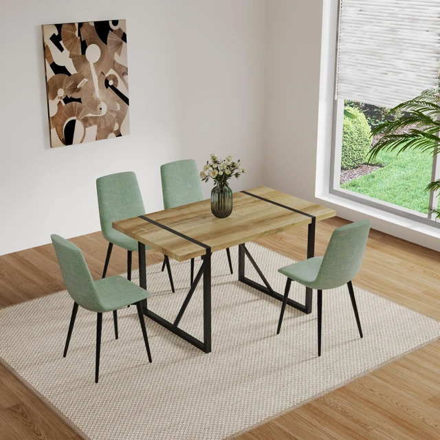 Main image of 55 Inch MDF Color Dining Table and Dining Chair Set, Mid Century Wooden Kitchen Table Set Metal Base and Legs and Linen