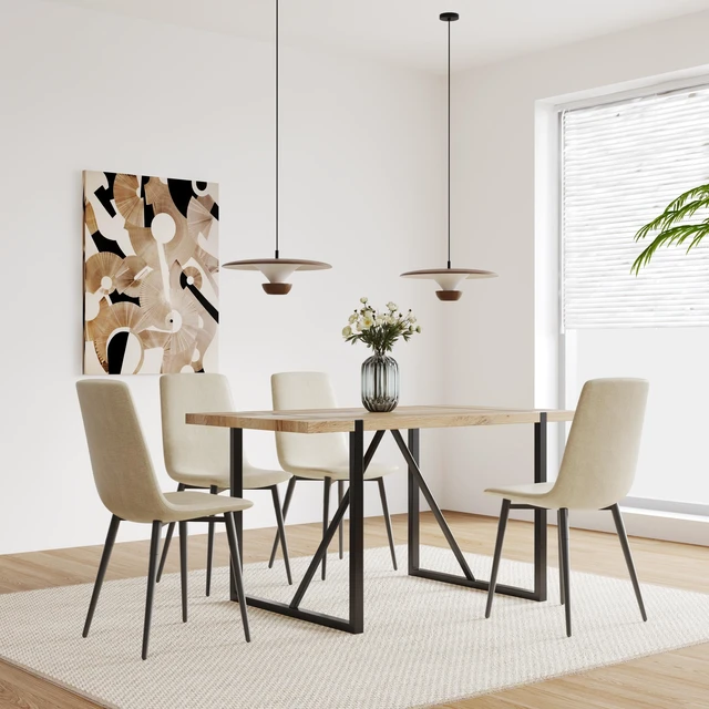 Alt view image 5 of 7 - 55 Inch MDF Color Dining Table and Dining Chair Set, Mid Century Wooden Kitchen Table Set Metal Base and Legs and Linen