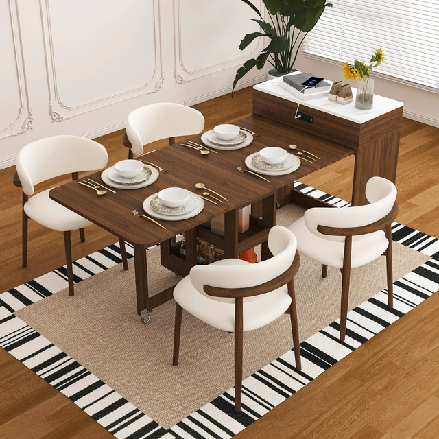Main image of 74 Inch Extendable Dining Table and Chairs Set with Power Socket, Lockable Casters Compact Storage Pull-Out Kitchen