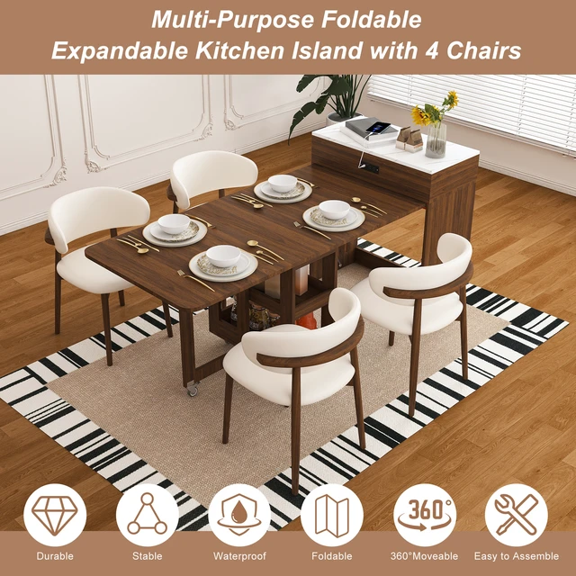 Alt view image 3 of 7 - 74 Inch Extendable Dining Table and Chairs Set with Power Socket, Lockable Casters Compact Storage Pull-Out Kitchen