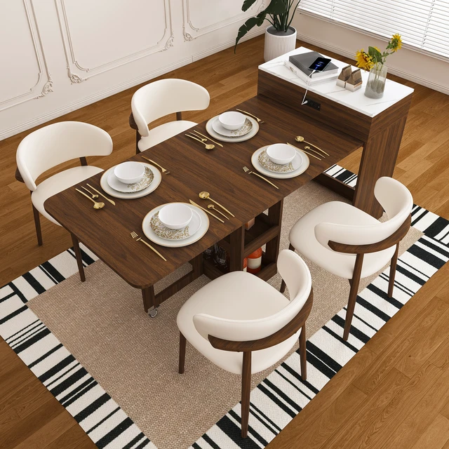 Alt view image 2 of 7 - 74 Inch Extendable Dining Table and Chairs Set with Power Socket, Lockable Casters Compact Storage Pull-Out Kitchen