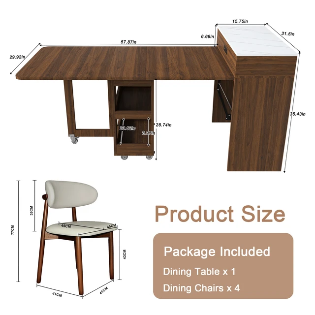 Alt view image 6 of 7 - 74 Inch Extendable Dining Table and Chairs Set with Power Socket, Lockable Casters Compact Storage Pull-Out Kitchen