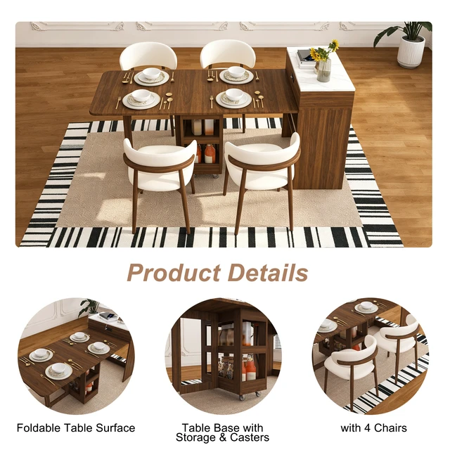 Alt view image 5 of 7 - 74 Inch Extendable Dining Table and Chairs Set with Power Socket, Lockable Casters Compact Storage Pull-Out Kitchen