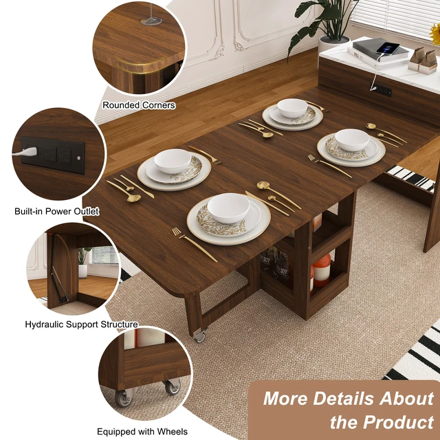 Alt view image 4 of 7 - 74 Inch Extendable Dining Table and Chairs Set with Power Socket, Lockable Casters Compact Storage Pull-Out Kitchen