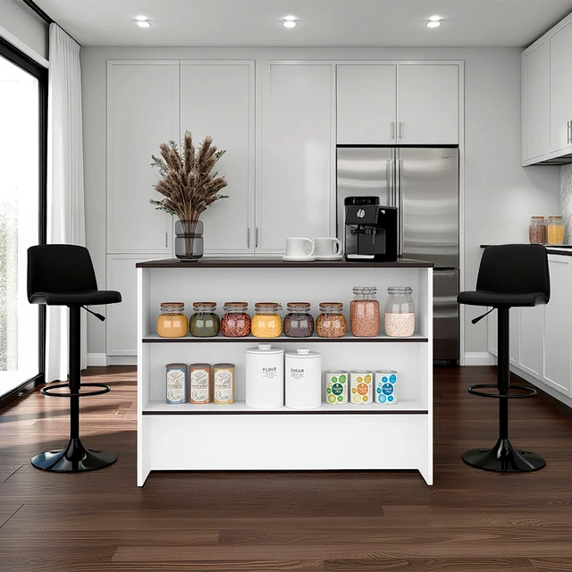 Alt view image 2 of 7 - Open Shelves Kitchen Island, White, Particle Board, Kitchen Islands Carts