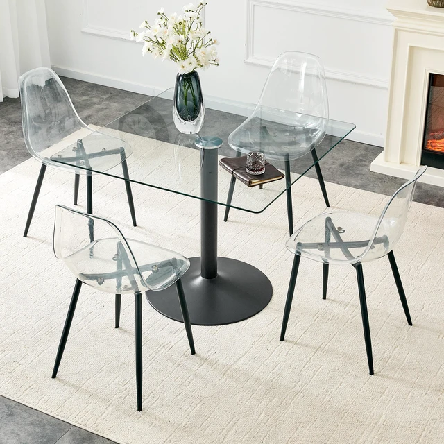 Main image of Table and Chair Set 38.5 Inch Square Glass Dining Table with Single Column Metal Base Includes Plastic Chairs