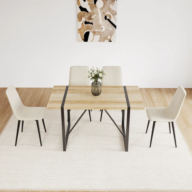 Alt view image 3 of 7 - 55 Inch MDF Color Dining Table and Dining Chair Set, Mid Century Wooden Kitchen Table Set Metal Base and Legs and Linen