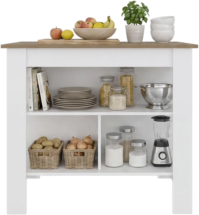 Alt view image 2 of 7 - Cala Kitchen Island, Three Open Shelves One Top Shelf Four Legs Kitchen Decor and Organizer, Natural Wood White
