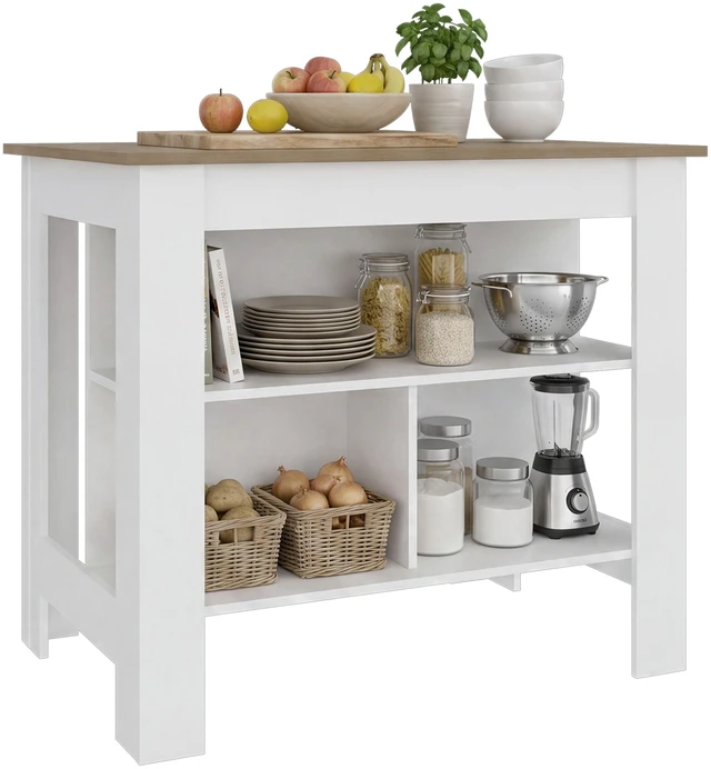 Alt view image 3 of 7 - Cala Kitchen Island, Three Open Shelves One Top Shelf Four Legs Kitchen Decor and Organizer, Natural Wood White