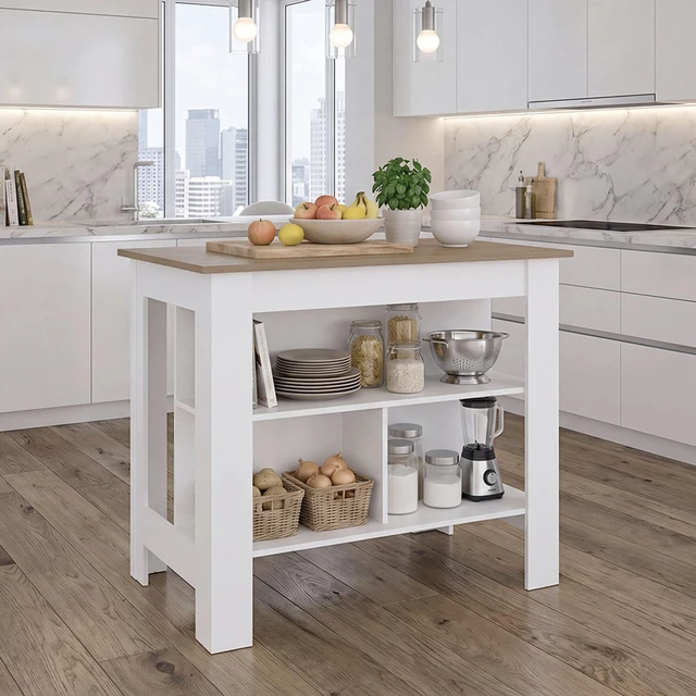 Main image of Cala Kitchen Island, Three Open Shelves One Top Shelf Four Legs Kitchen Decor and Organizer, Natural Wood White