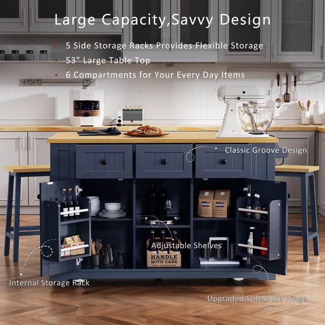 Alt view image 5 of 7 - 53 Inch Large Kitchen Island with Drop Leaf, Power Outlet Door Internal Storage Rack Rolling Kitchen Cart 5 Wheels