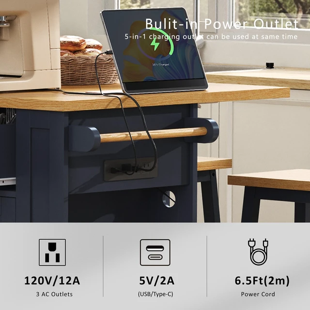 Alt view image 6 of 7 - 53 Inch Large Kitchen Island with Drop Leaf, Power Outlet Door Internal Storage Rack Rolling Kitchen Cart 5 Wheels