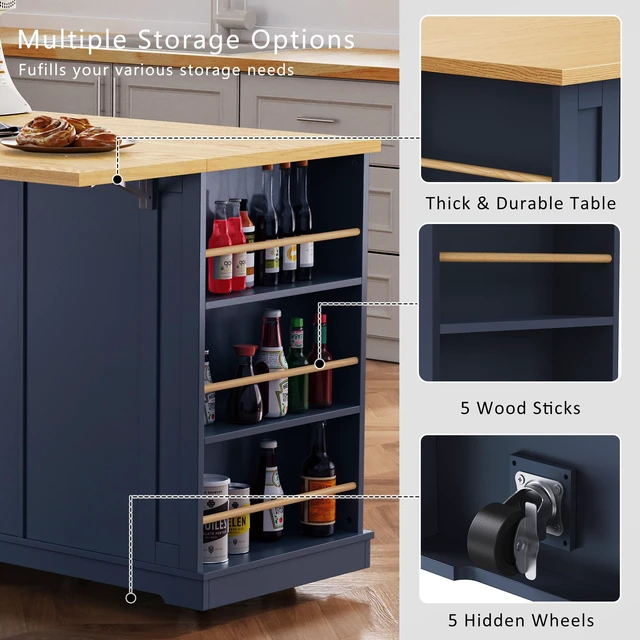 Alt view image 7 of 7 - 53 Inch Large Kitchen Island with Drop Leaf, Power Outlet Door Internal Storage Rack Rolling Kitchen Cart 5 Wheels