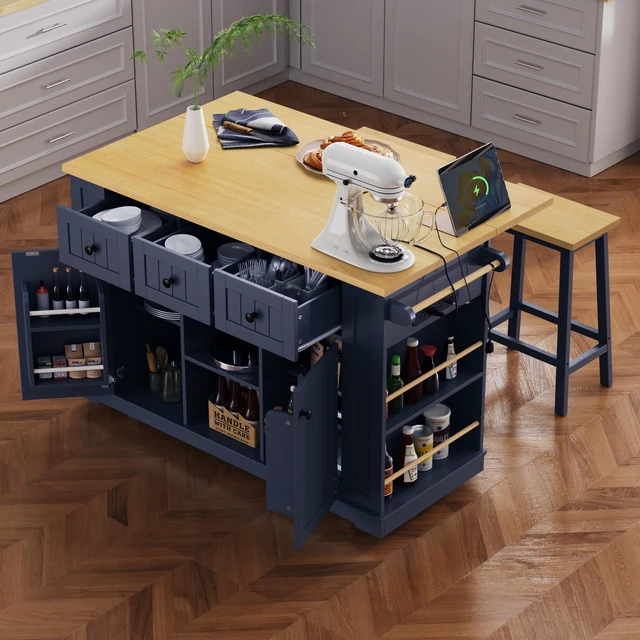 Main image of 53 Inch Large Kitchen Island with Drop Leaf, Power Outlet Door Internal Storage Rack Rolling Kitchen Cart 5 Wheels