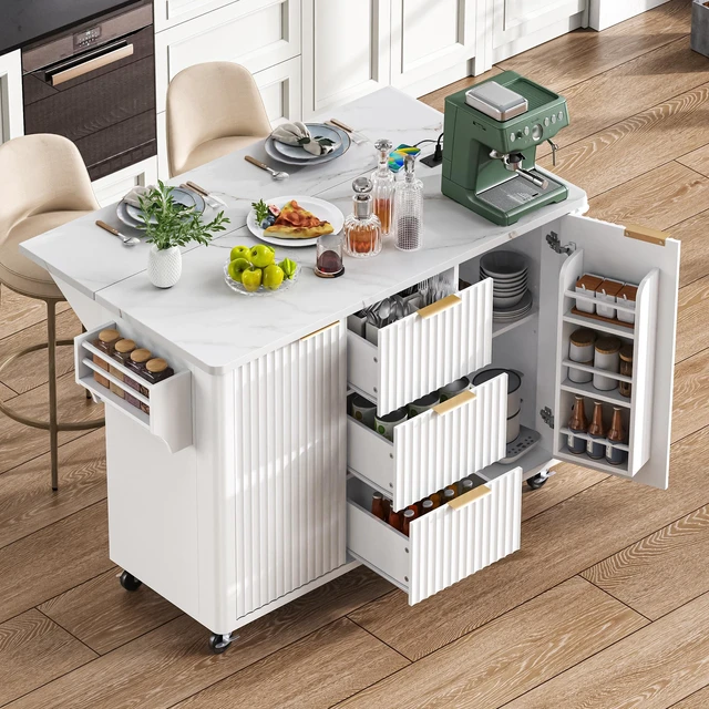 Main image of Fluted Kitchen Island with Drop Leaf, Power Outlet 55.5 Inch Kitchen Island with Storage-6 Door Shelves Adjustable