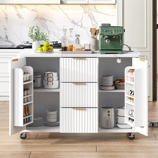 Alt view image 3 of 7 - Fluted Kitchen Island with Drop Leaf, Power Outlet 55.5 Inch Kitchen Island with Storage-6 Door Shelves Adjustable