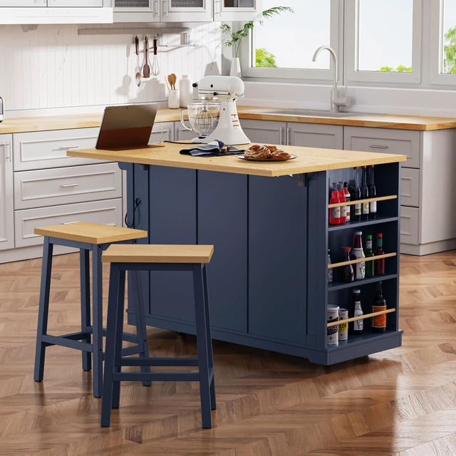 Alt view image 3 of 7 - 53 Inch Large Kitchen Island with Drop Leaf, Power Outlet Door Internal Storage Rack Rolling Kitchen Cart 5 Wheels