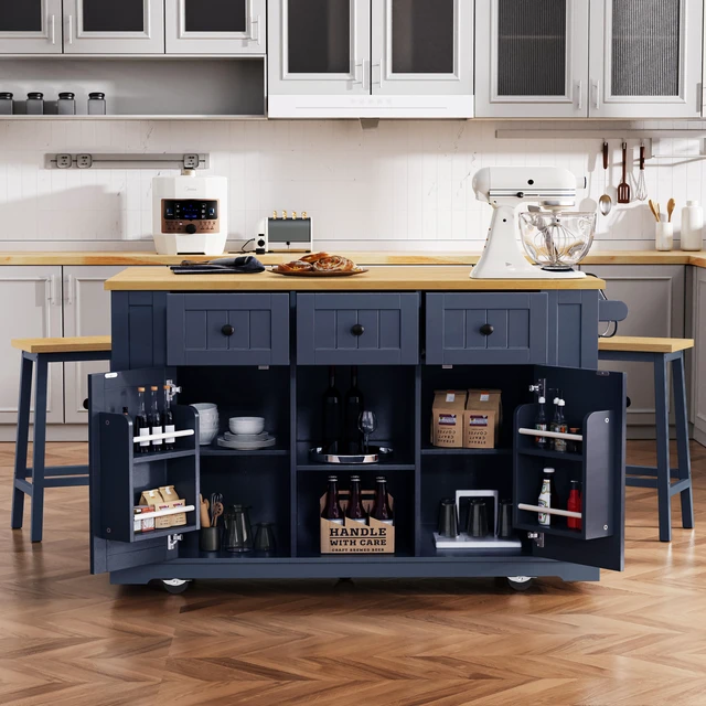 Alt view image 2 of 7 - 53 Inch Large Kitchen Island with Drop Leaf, Power Outlet Door Internal Storage Rack Rolling Kitchen Cart 5 Wheels