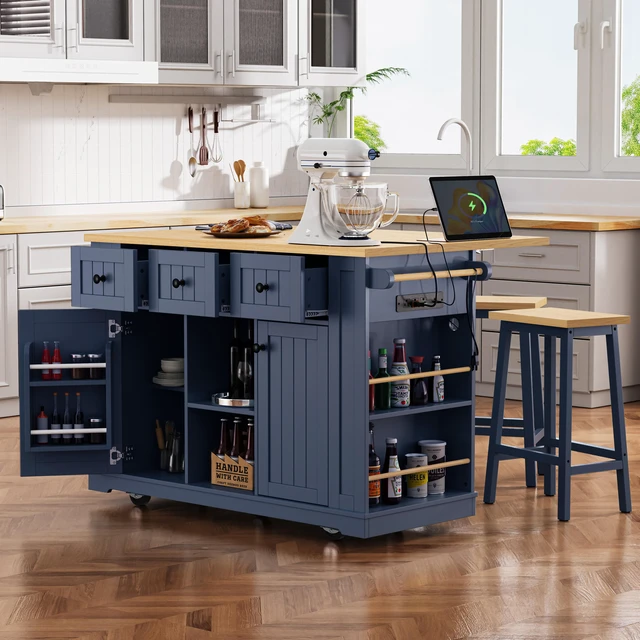 Alt view image 4 of 7 - 53 Inch Large Kitchen Island with Drop Leaf, Power Outlet Door Internal Storage Rack Rolling Kitchen Cart 5 Wheels