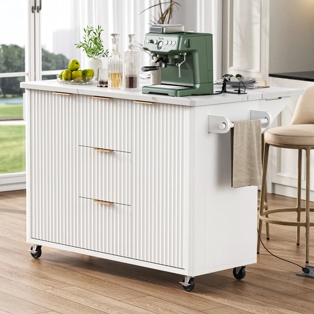 Alt view image 2 of 7 - Fluted Kitchen Island with Drop Leaf, Power Outlet 55.5 Inch Kitchen Island with Storage-6 Door Shelves Adjustable
