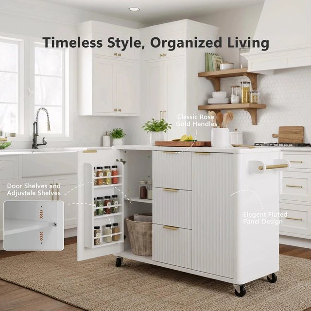 Alt view image 5 of 7 - Fluted Kitchen Island with Drop Leaf, Power Outlet 55.5 Inch Kitchen Island with Storage-6 Door Shelves Adjustable