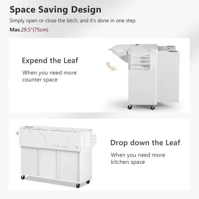 Alt view image 6 of 7 - Fluted Kitchen Island with Drop Leaf, Power Outlet 55.5 Inch Kitchen Island with Storage-6 Door Shelves Adjustable