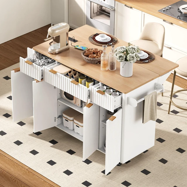 Main image of Fluted Kitchen Island with Storage, 55.5 Inch Kitchen Island with Drop Leaf Power Outlet 4 Doors and 3 Drawers Rolling