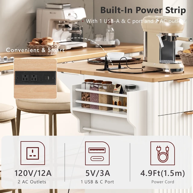 Alt view image 6 of 7 - Fluted Kitchen Island with Storage, 55.5 Inch Kitchen Island with Drop Leaf Power Outlet 4 Doors and 3 Drawers Rolling